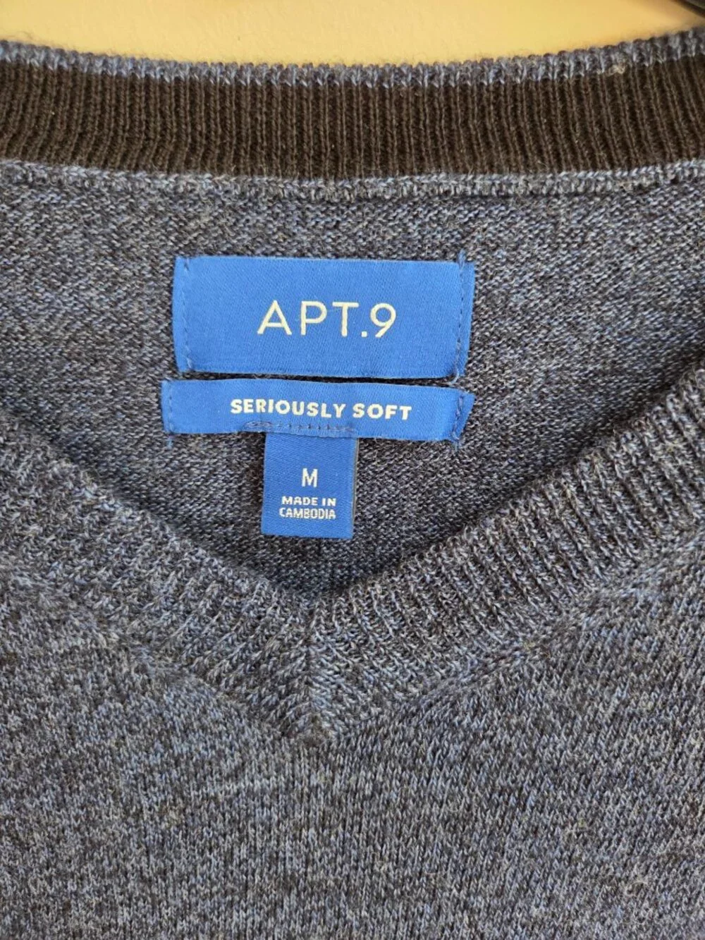 APT.9 Men's Size M Merino Wool Blend V- Neck Sweater Heather Blue Pullover Soft